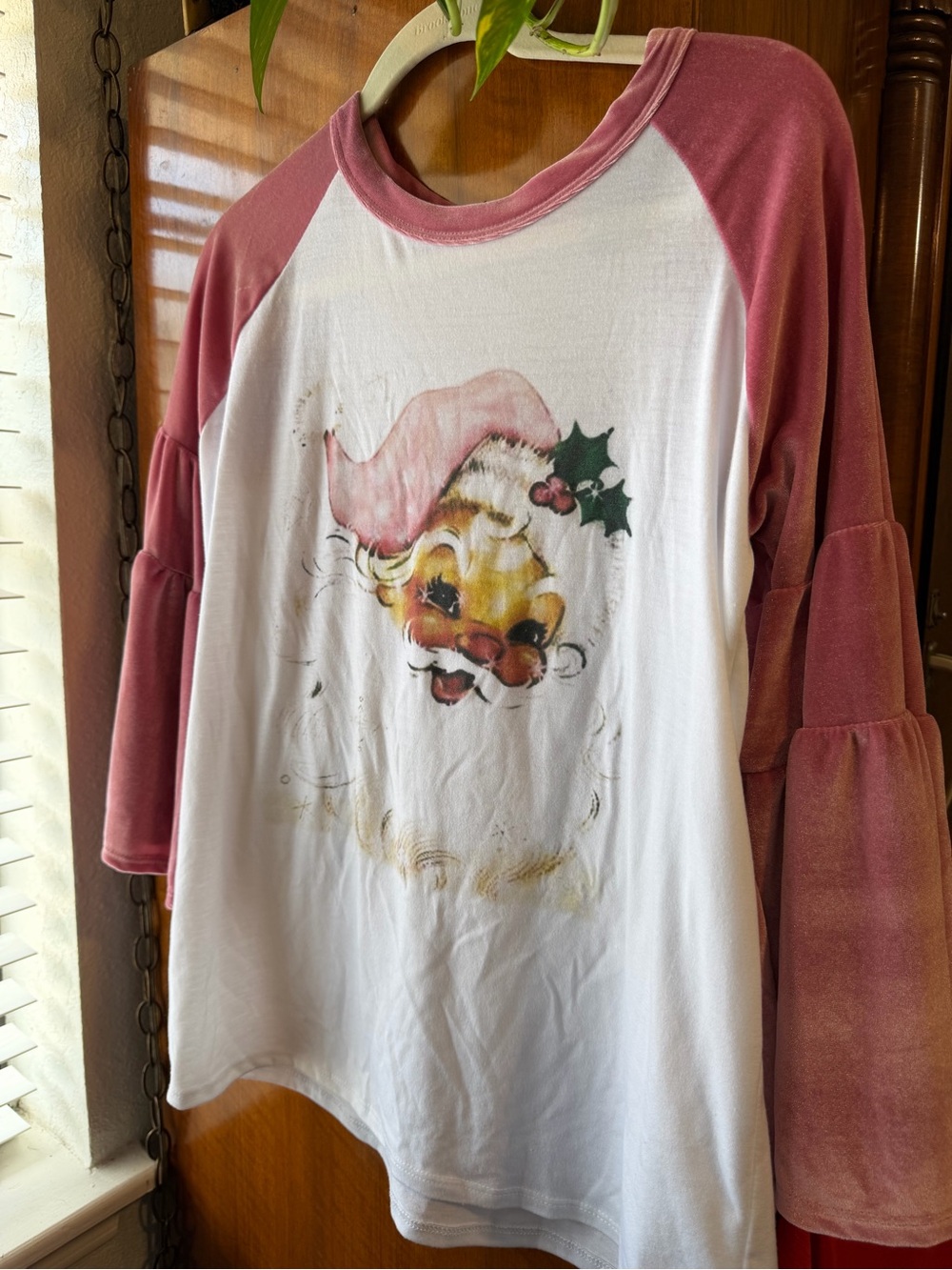 L&B Life Lucky and Blessed Pink Velvet Santa Bell Sleeve Christmas Top Small